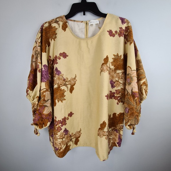 entro Tops - Entro Womens 1X Yellow Floral Boho Blouse Ruched Tie Sleeve Rayon Top Earthy Art
